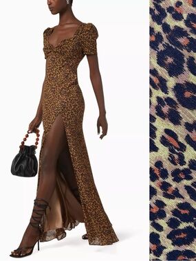 STAUD Lea Leopard Print Maxi Dress w/ Side Slit & Puff Sleeves Size 2